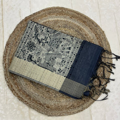 KALAMAKARI TUSSAR SAREE WITH KATHA BORDER