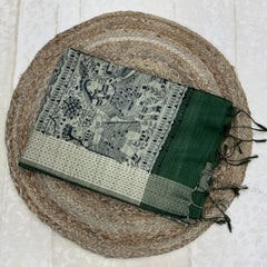 KALAMAKARI TUSSAR SAREE WITH KATHA BORDER