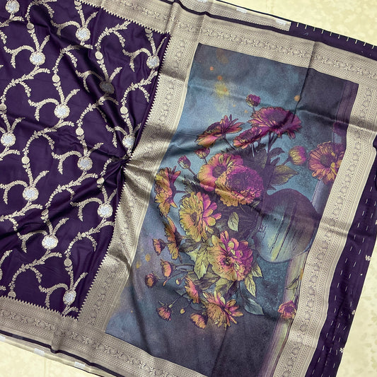 Art Dupion Silk Saree in deep plum-purple base