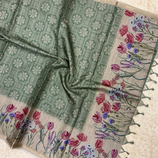 Handloom Semi Tusser Silk Saree sage green base