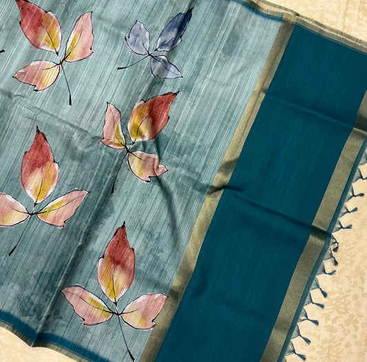 Handloom Tusser Silk Saree in teal blue base with vertical textured lines