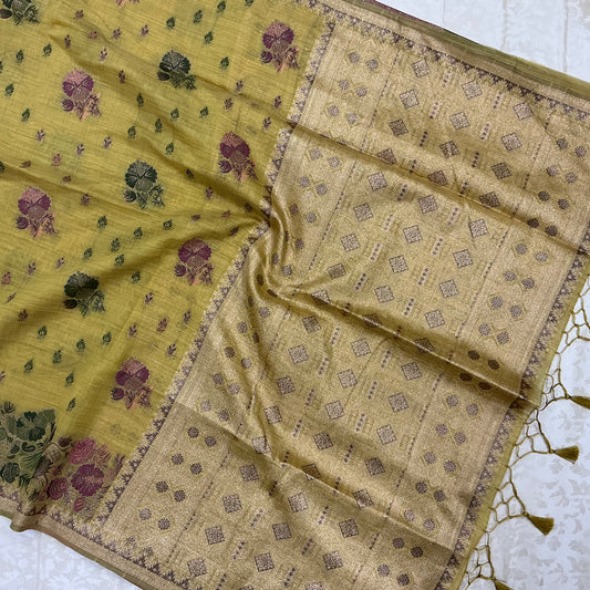 Art Moga Cotton Saree in soft pastel mustard golden yellow shade