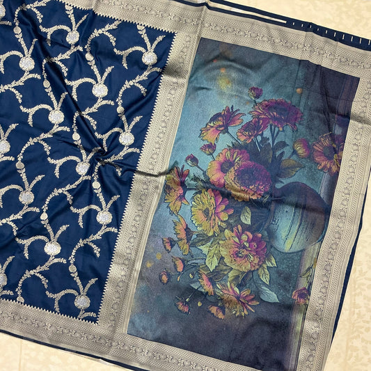 Art Dupion Silk Saree in deep midnight navy blue base