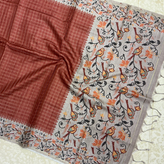 Handloom Tusser Silk Saree in Rust Red with Bird Motif Pallu