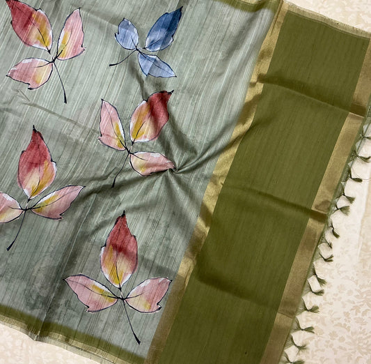 Handloom Tusser Silk Saree in sage green base with vertical textured lines