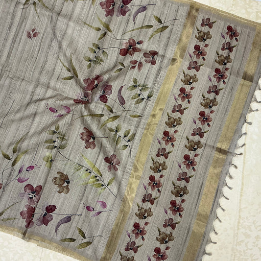 Handloom Tusser Silk Saree in warm beige-grey base