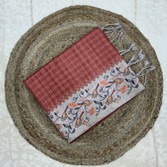 Handloom Tusser Silk Saree in Rust Red with Bird Motif Pallu