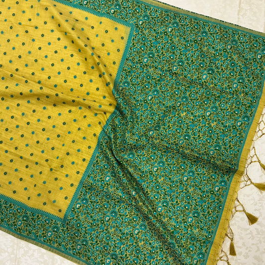 Art Moga Cotton Saree in mustard yellow and teal green shade