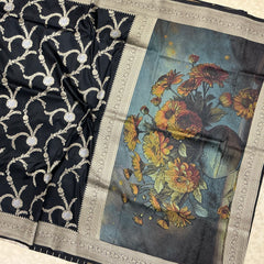 Art Dupion Silk Saree in deep black shade base