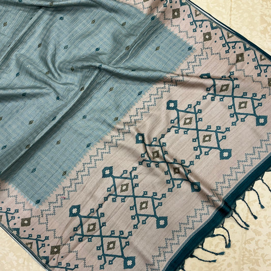 Soft Green Handloom Tusser Ikkat Printed Saree with Geometric Pallu Design