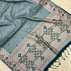 Soft Green Handloom Tusser Ikkat Printed Saree with Geometric Pallu Design