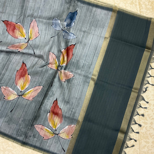 Semi Handloom Tusser Silk Saree in slate grey base with vertical textured lines