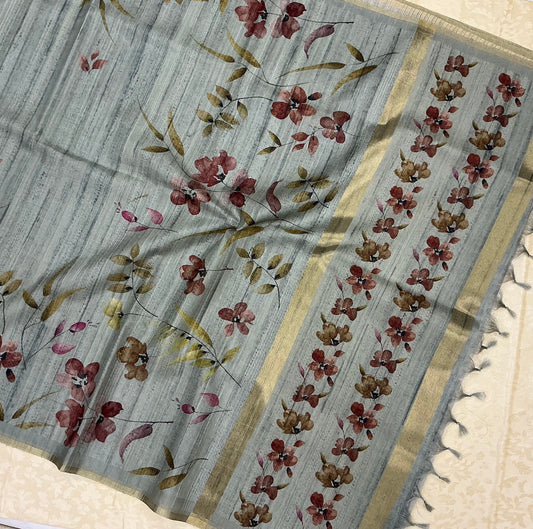 Handloom Tusser Silk Saree in soft pastel sage green base