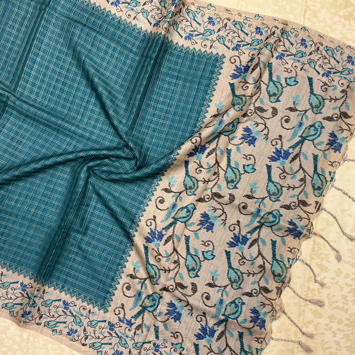 Handloom Tusser Silk Saree in Sea Blue with Bird Motif Pallu