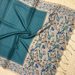 Handloom Tusser Silk Saree in Sea Blue with Bird Motif Pallu