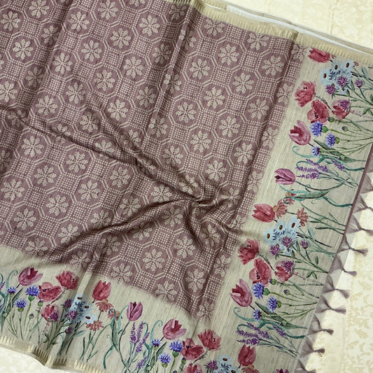 Handloom Semi Tusser Silk Saree dusty mauve base
