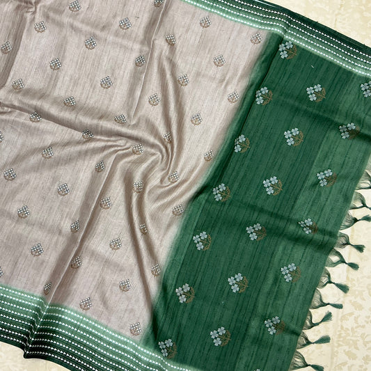 Semi Handloom Tusser silk saree with embroidery soft beige and emerald Green
