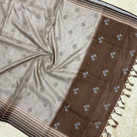 Semi Handloom Tusser silk saree with embroidery soft beige and Coffee Brown base