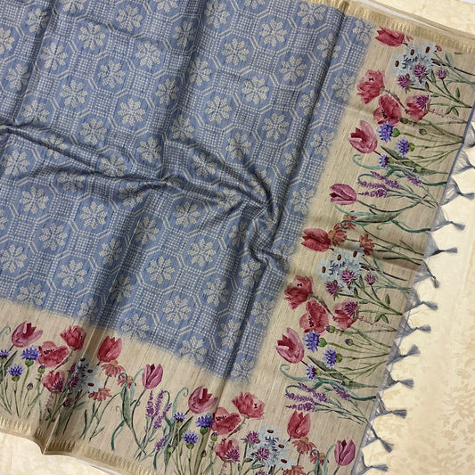 Handloom Semi Tusser Silk Saree powder blue base