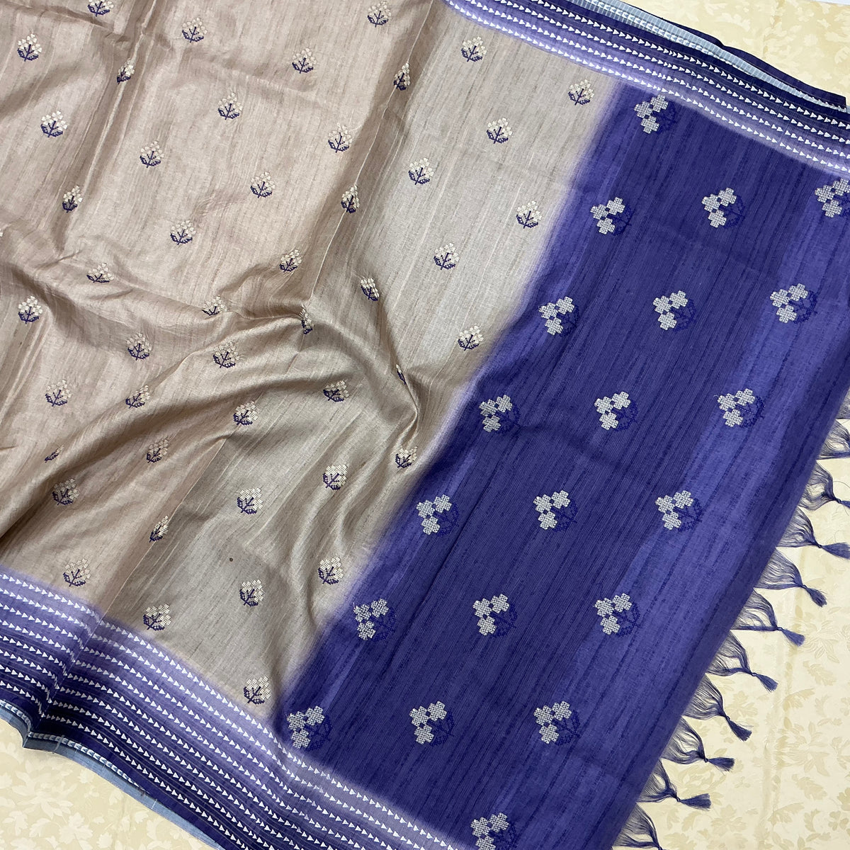Semi Handloom Tusser silk saree with embroidery soft beige and deep violet base