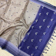 Semi Handloom Tusser silk saree with embroidery soft beige and deep violet base