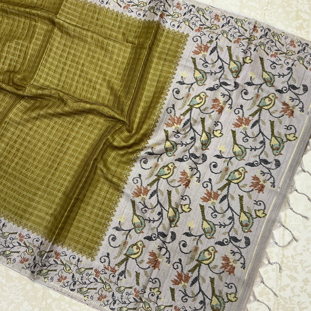 Handloom Tusser Silk Saree in olive green with Bird Motif Pallu