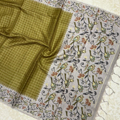 Handloom Tusser Silk Saree in olive green with Bird Motif Pallu