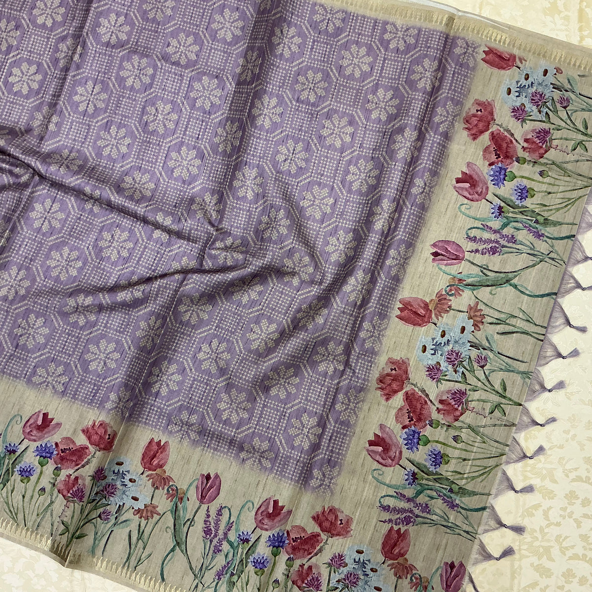 Handloom Semi Tusser Silk Saree dusty lilac base