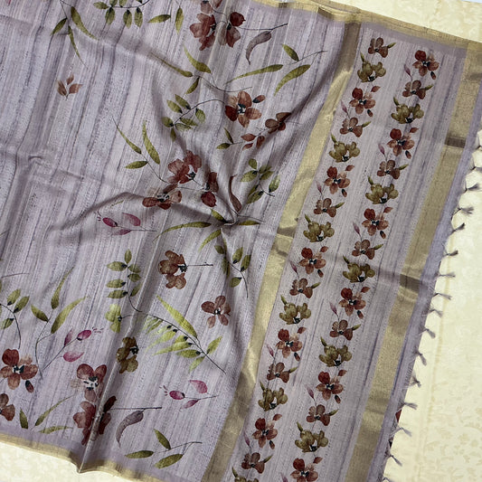 Handloom Tusser Silk Saree in pastel lilac-grey base