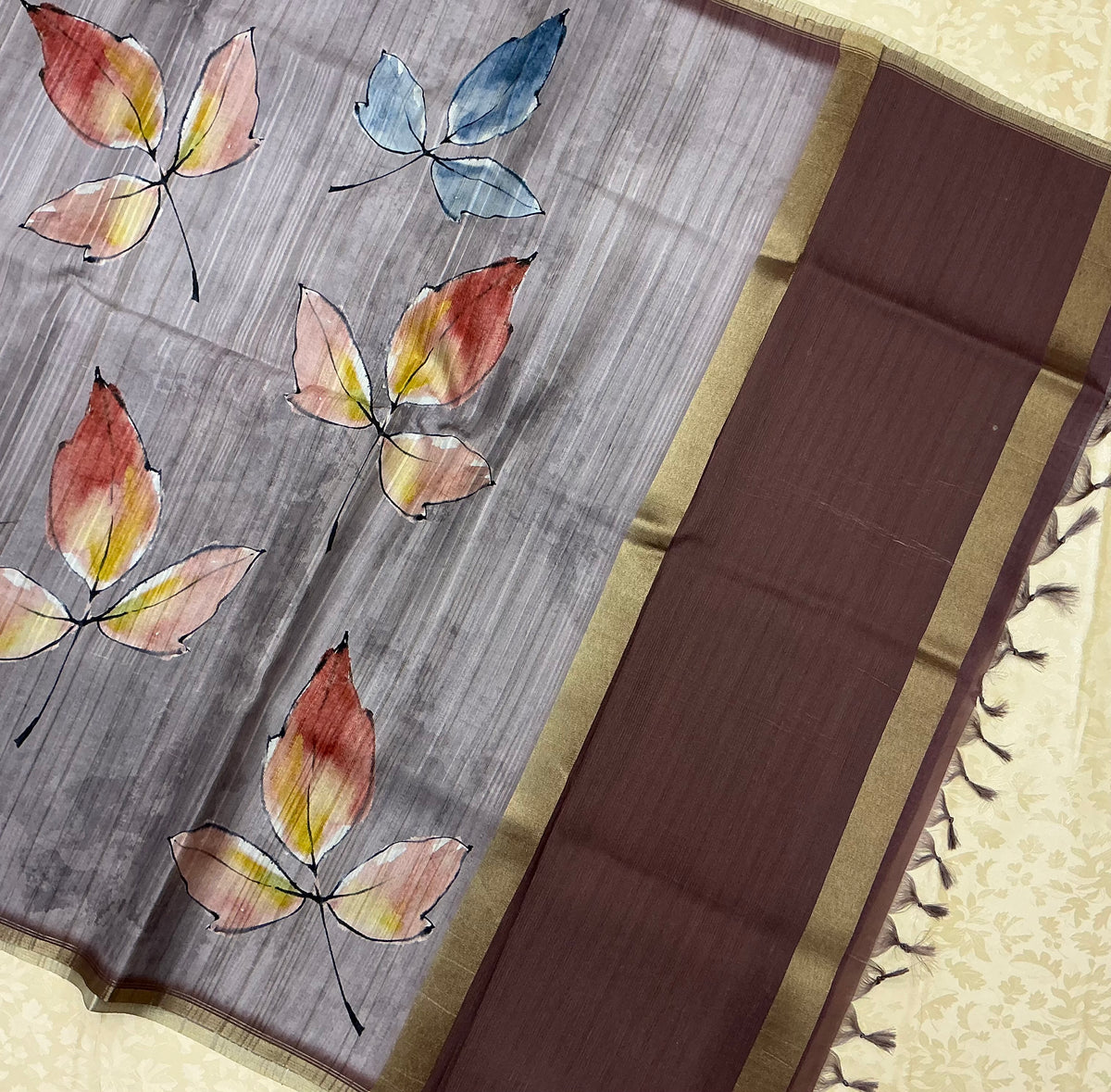 Handloom Tusser Silk Saree in soft grey base with vertical textured lines