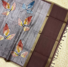 Handloom Tusser Silk Saree in soft grey base with vertical textured lines