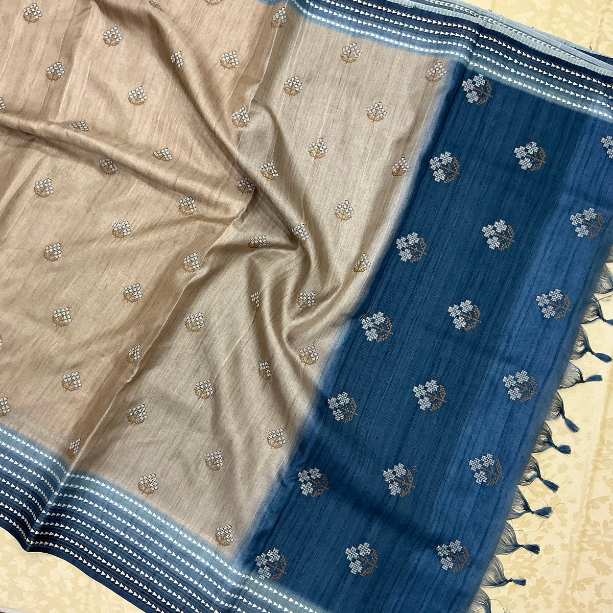 Semi Handloom Tusser silk saree with embroidery soft beige and serene teal blue base