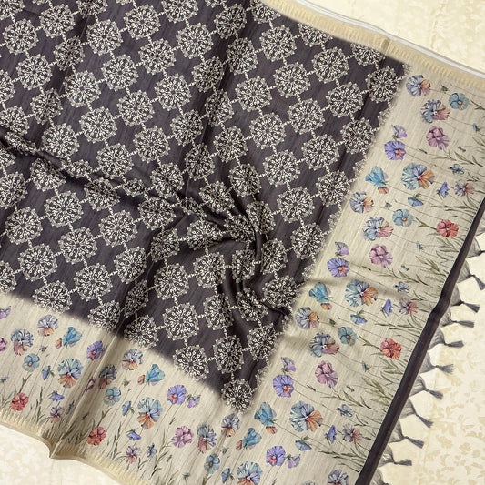 Handloom Semi Tusser Silk Saree charcoal grey base
