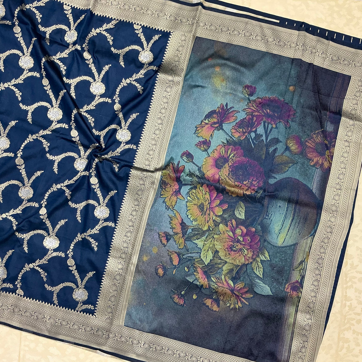 Art Dupion Silk Saree in deep midnight navy blue base