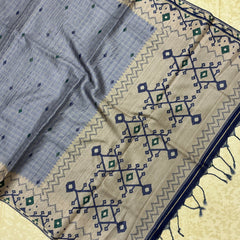 Pastel Blue Handloom Tusser Ikkat Printed Saree with Geometric Pallu Design