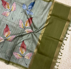 Handloom Tusser Silk Saree in sage green base with vertical textured lines