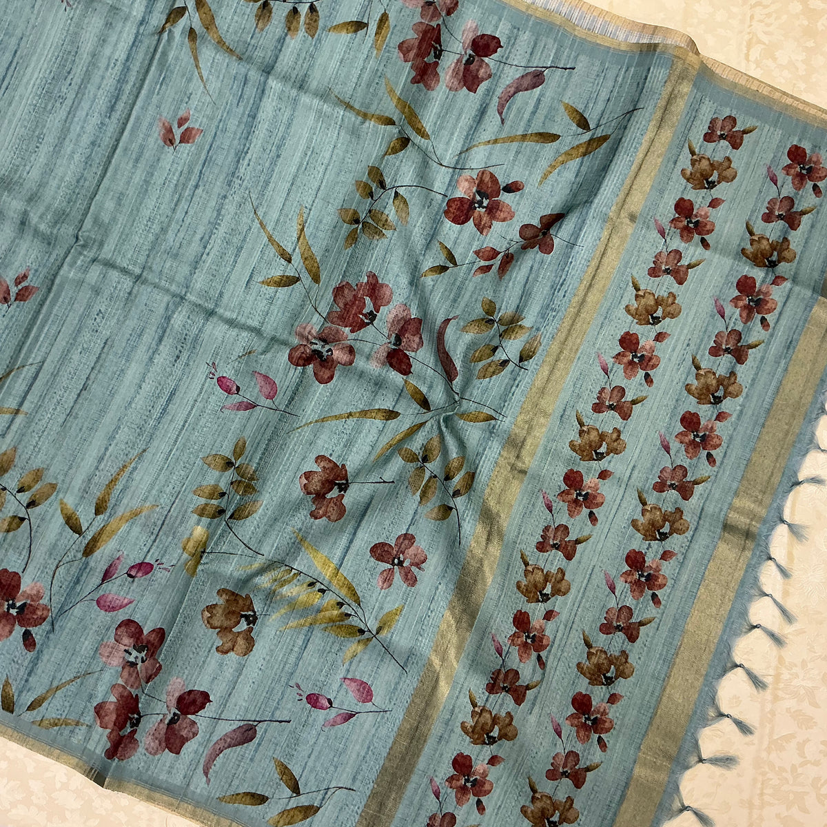 Handloom Tusser Silk Saree in soft pastel powder blue base