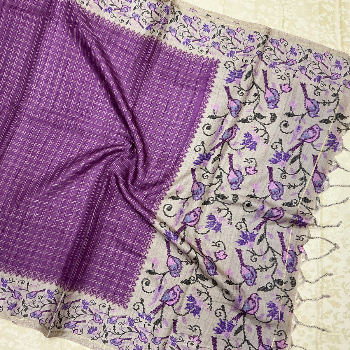 Handloom Tusser Silk Saree in Deep lavender-purple with Bird Motif Pallu
