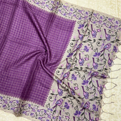 Handloom Tusser Silk Saree in Deep lavender-purple with Bird Motif Pallu