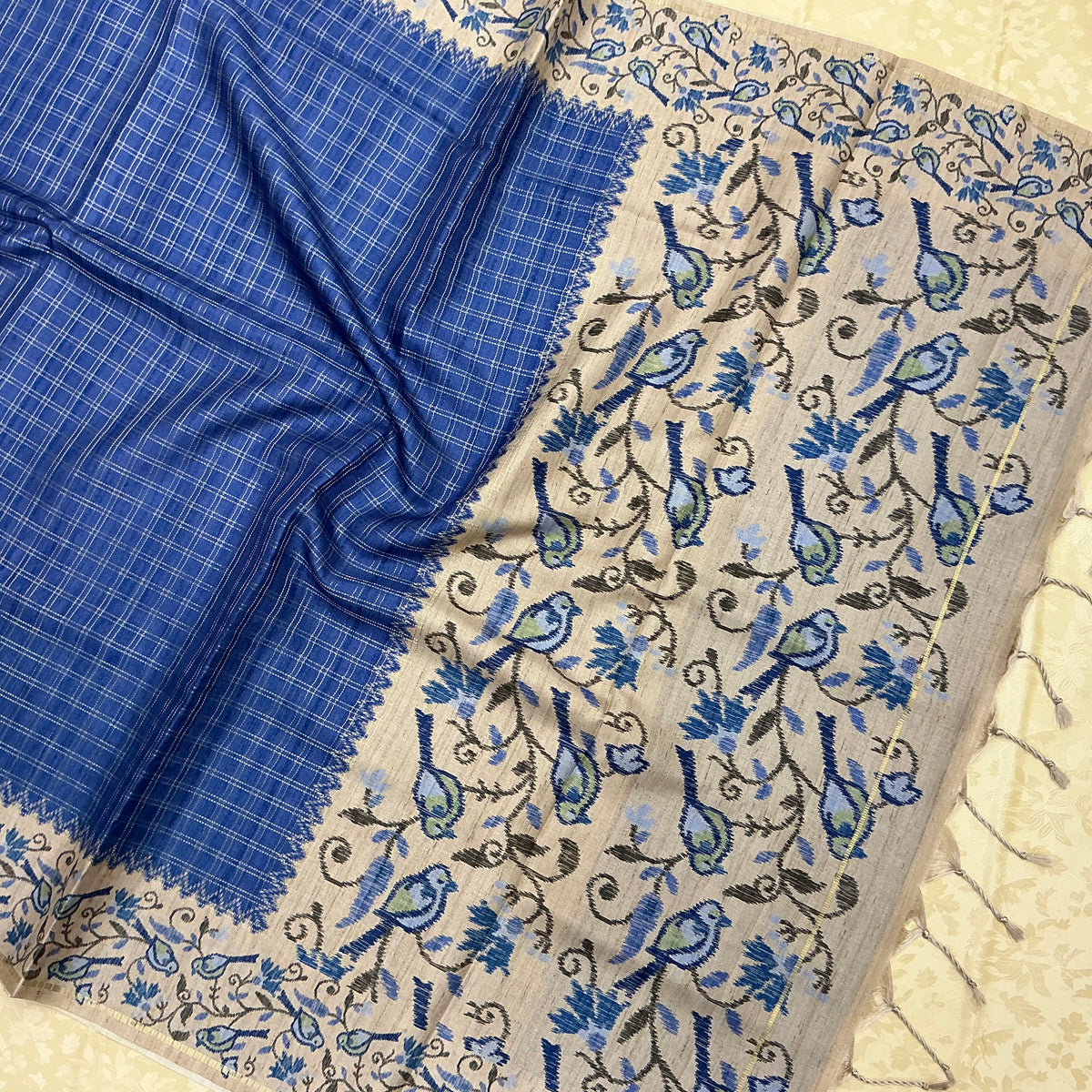 Handloom Tusser Silk Saree in Royal Blue with Bird Motif Pallu