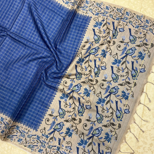 Handloom Tusser Silk Saree in Royal Blue with Bird Motif Pallu
