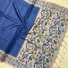 Handloom Tusser Silk Saree in Royal Blue with Bird Motif Pallu