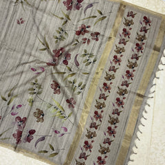 Handloom Tusser Silk Saree in warm beige-grey base