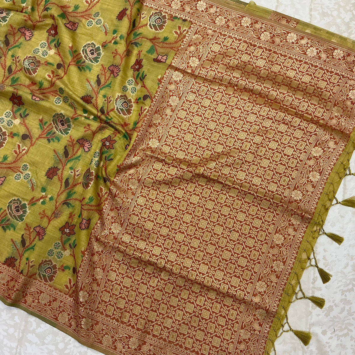 Art Moga Cotton Saree in olive mustard yellow shade