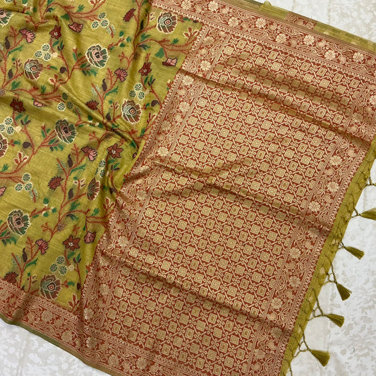 Art Moga Cotton Saree in olive mustard yellow shade