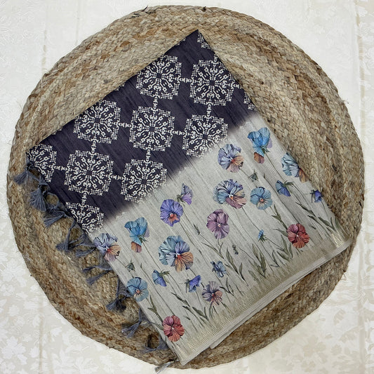 Handloom Semi Tusser Silk Saree navy blue base