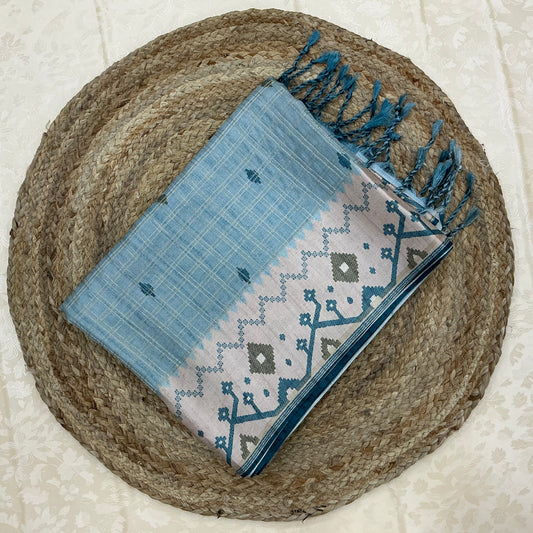 Soft Green Handloom Tusser Ikkat Printed Saree with Geometric Pallu Design