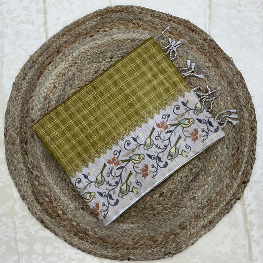 Handloom Tusser Silk Saree in olive green with Bird Motif Pallu