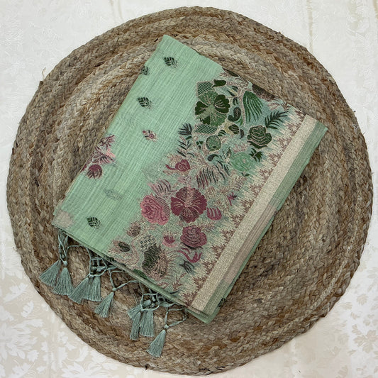 Art Moga Cotton Saree in soft pastel mint green shade