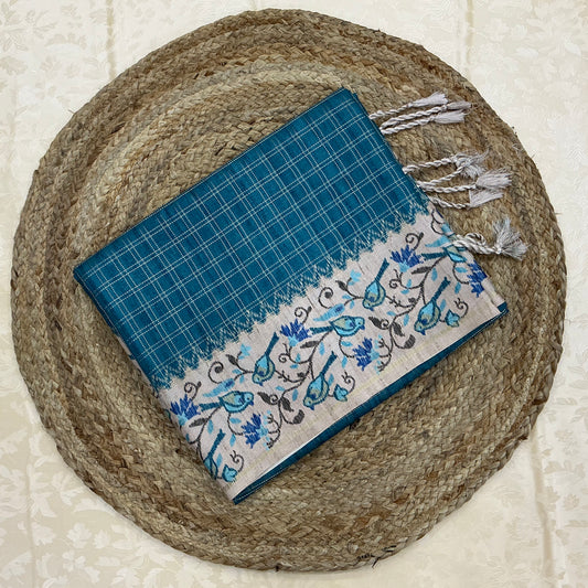 Handloom Tusser Silk Saree in Sea Blue with Bird Motif Pallu